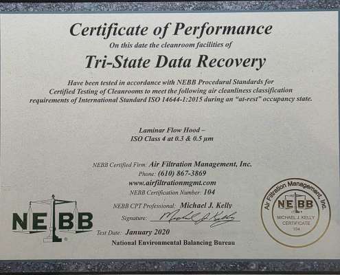 Tri-State Data Recovery ISO Class 4 clean room certificate
