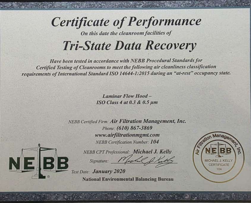 Tri-State Data Recovery ISO Class 4 clean room certificate