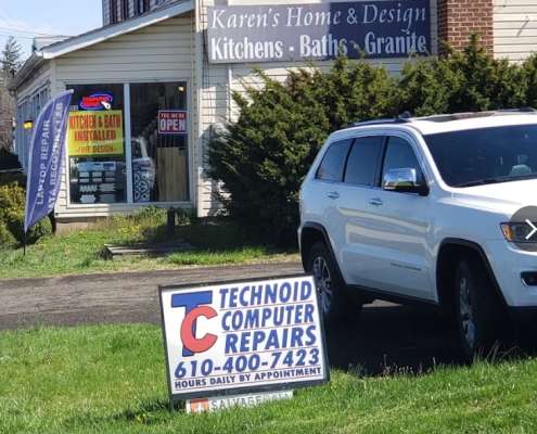 1165 York Road, Warminster PA — Technoid Computer Repairs sign with a SALVAGEDATA sign at the same address, shared with a kitchen and bath showroom 9-1-2026