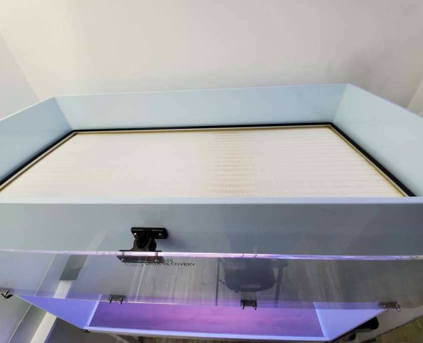 HEPA filter seated in the plenum above a Tri-State Data Recovery ISO Class 4 flow hood