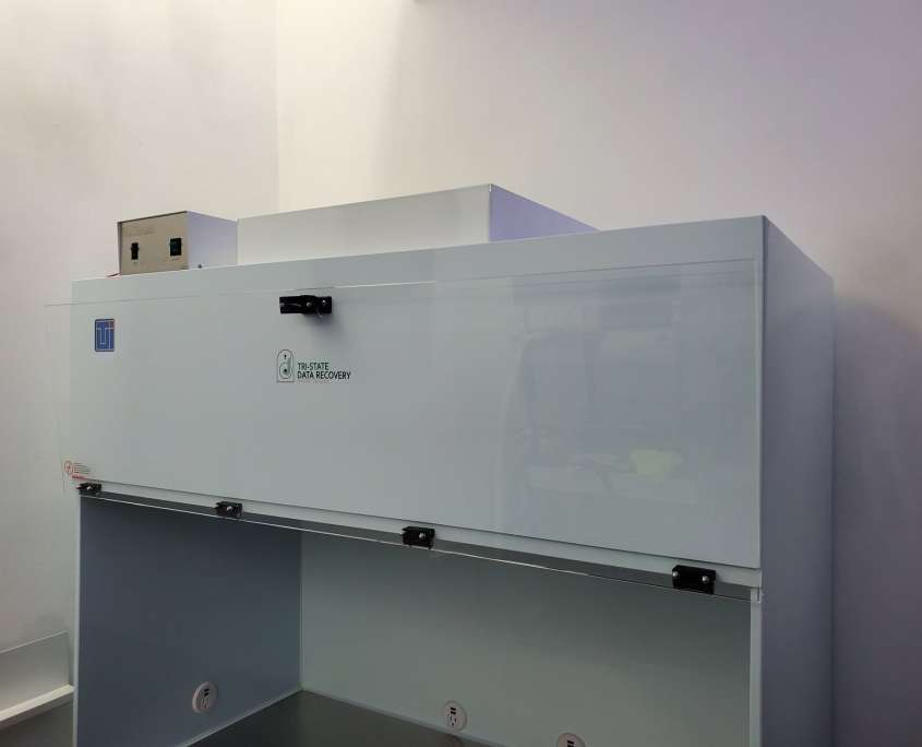 Tri-State Data Recovery ISO Class 4 certified laminar flow hood with blower unit and interior work surface