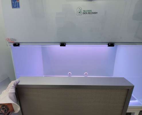 Tri-State Data Recovery clean room flow hood with HEPA filter panel being installed, Montgomery County laboratory