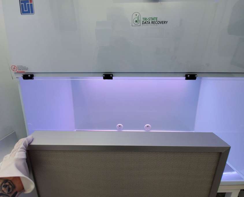 Tri-State Data Recovery clean room flow hood with HEPA filter panel being installed, Montgomery County laboratory