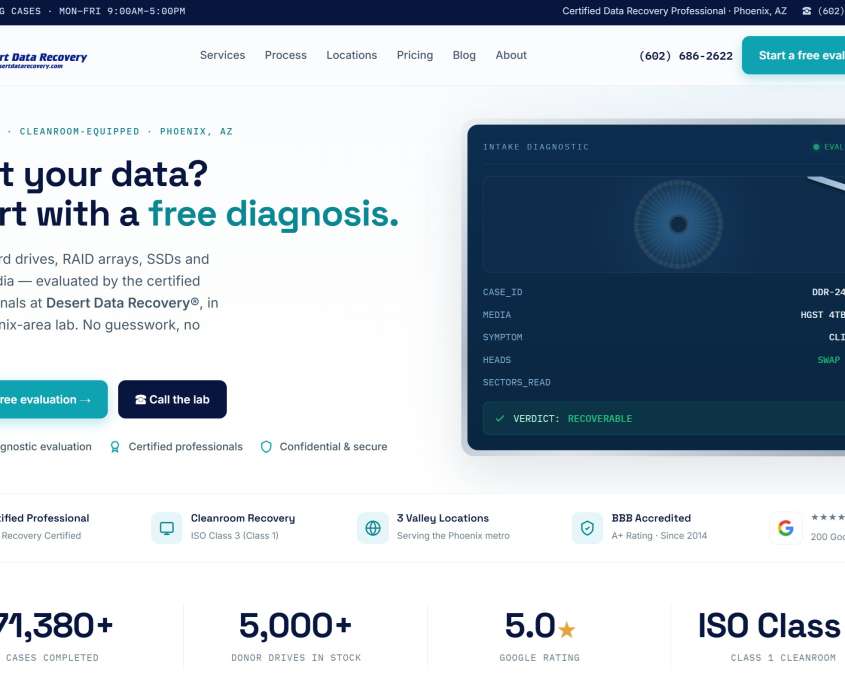 Desert Data Recovery homepage captured 1 October 2026 showing the same cleanroom claim changed to ISO Class 3 Class 1 alongside 71,380 cases completed