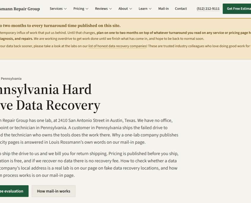 Rossmann Repair Group Pennsylvania page, 26 September 2026, showing the backlog notice linking to its recommended labs list