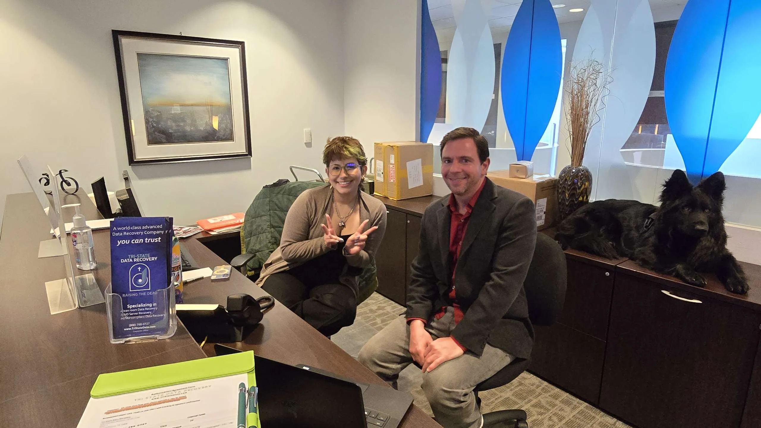 Don Anderson of Tri-State Data Recovery at the King of Prussia reception area, 630 Freedom Business Center Drive, Floor 3, with Darth Dante the Data Dog