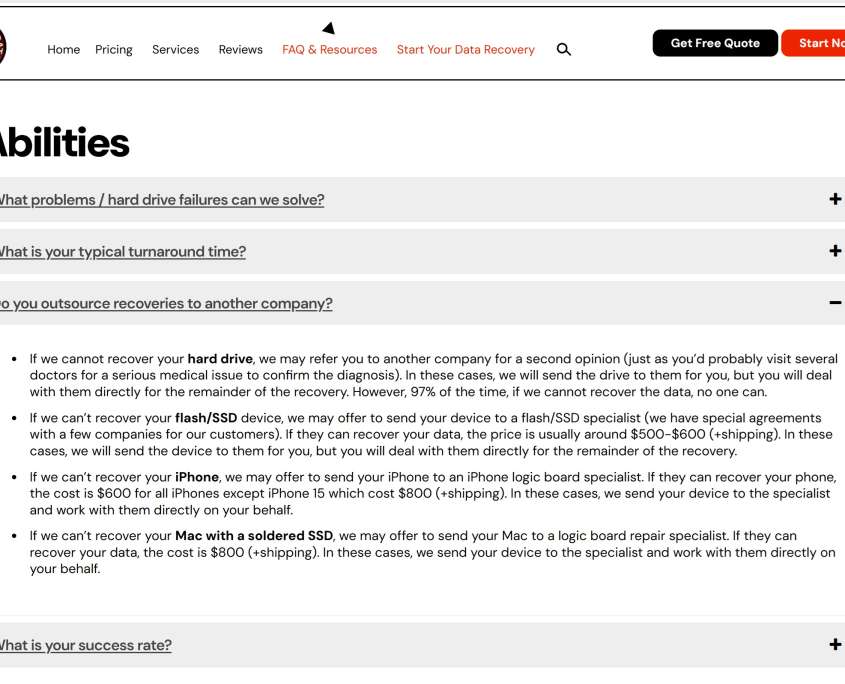 $300 Data Recovery frequently asked questions page captured 1 October 2026 showing the question do you outsource recoveries to another company and four categories sent to specialists